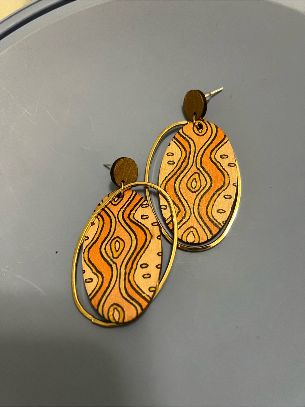 Gold Hoop Orange Patterned Oval Drop Earrings - Women Jewelry